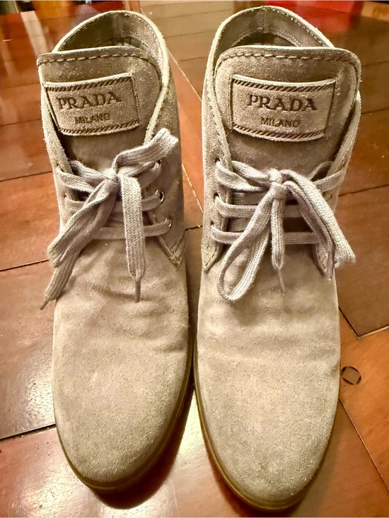 Prada Shoes - Prada Sport Suede Lace-Up Ankle Wedge Booties Grey/Taupe IT 38 US 8